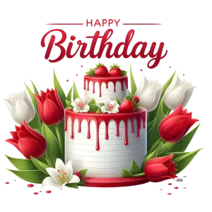 Happy Birthday Cake with Strawberries and Red and White Flowers