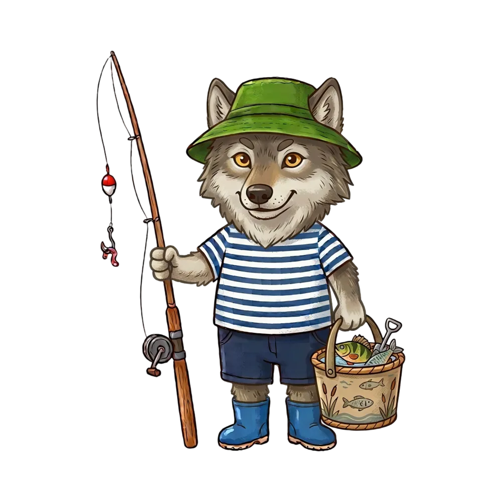 Cute Wolf Character Fishing with Basket of Fish