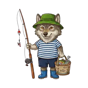 Cute Wolf Character Fishing with Basket of Fish