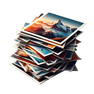 Stack of Landscape Photographs with Mountain and Water Scenes